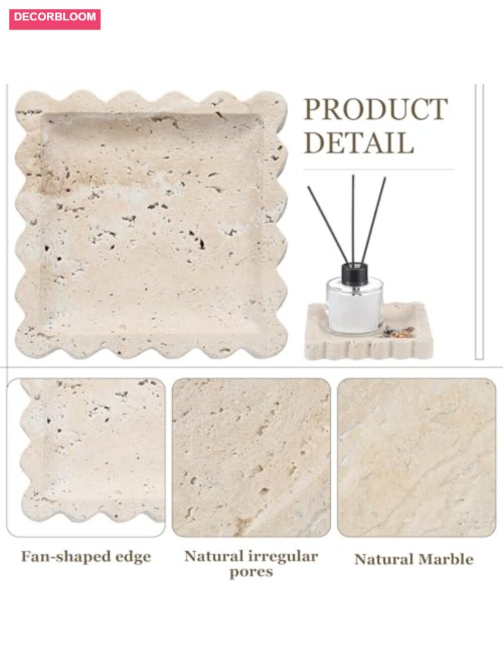 Natural Travertine Jewelry Dish Tray Scalloped Marble Ring Holder Perfume - Picture 3 of 6